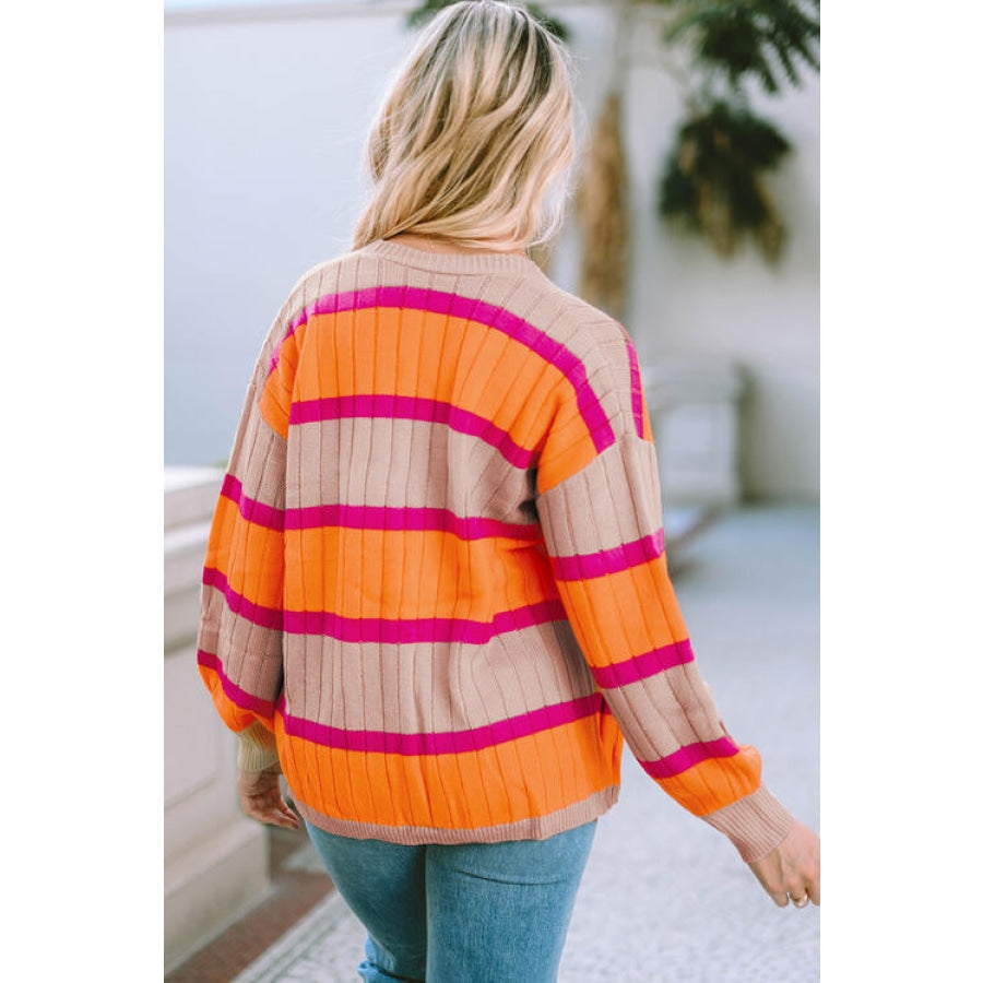 Ribbed Striped Open Front Long Sleeve Cardigan