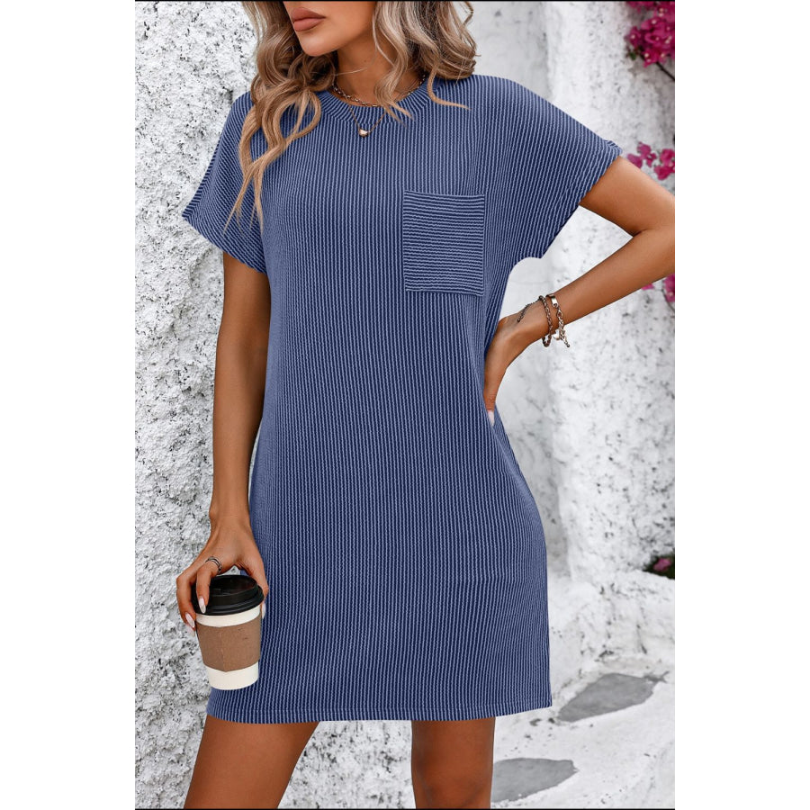 Ribbed Striped Short Sleeve Mini Tee Dress Blue / S Apparel and Accessories