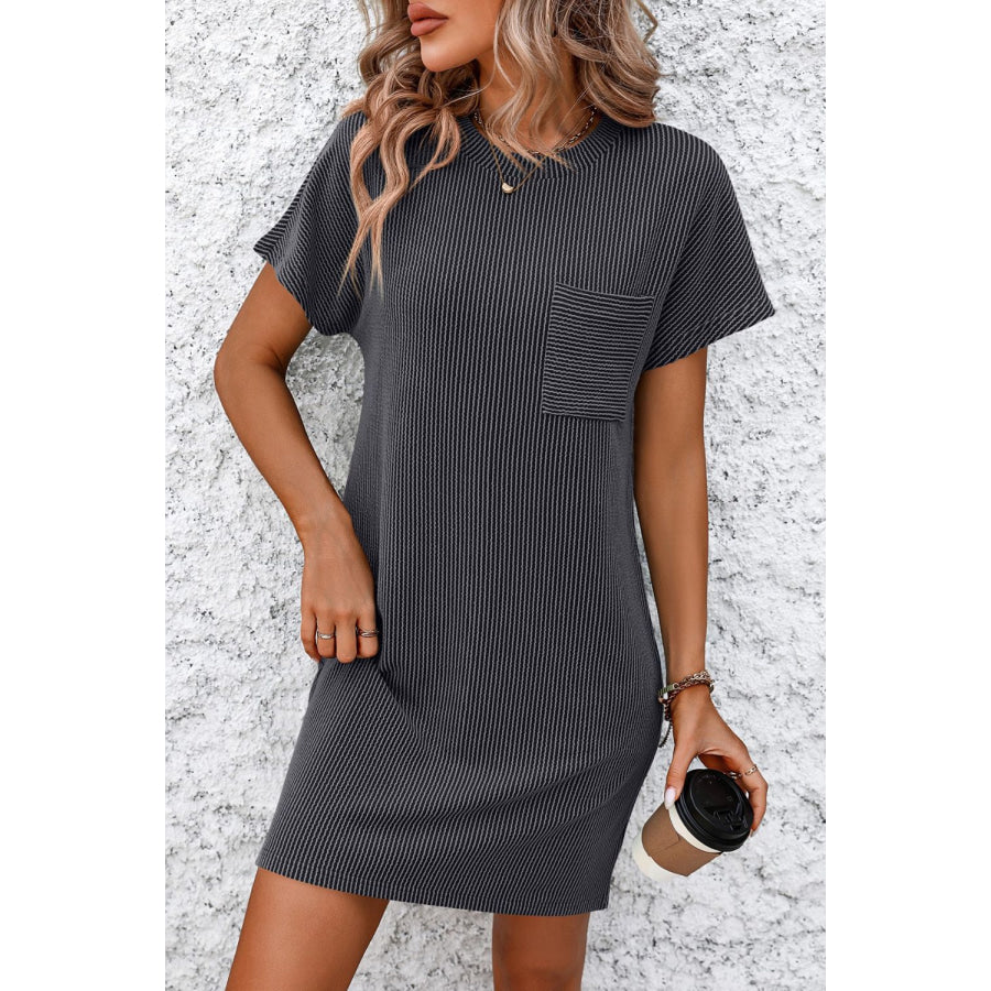 Ribbed Striped Short Sleeve Mini Tee Dress Dark Gray / S Apparel and Accessories