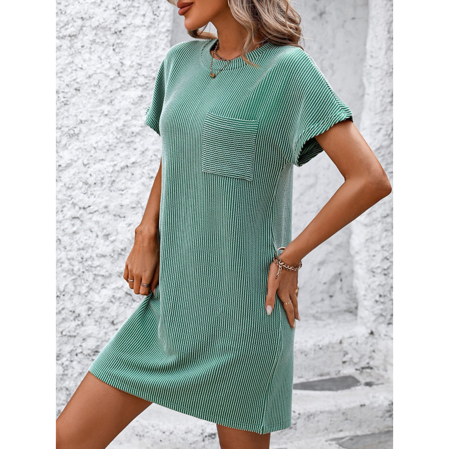 Ribbed Striped Short Sleeve Mini Tee Dress Green / S Apparel and Accessories