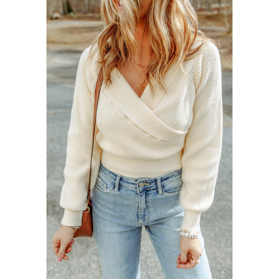 Ribbed Surplice Long Sleeve Sweater Apparel and Accessories