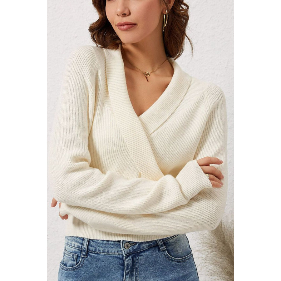 Ribbed Surplice Long Sleeve Sweater Apparel and Accessories