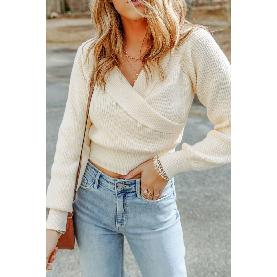 Ribbed Surplice Long Sleeve Sweater Apparel and Accessories