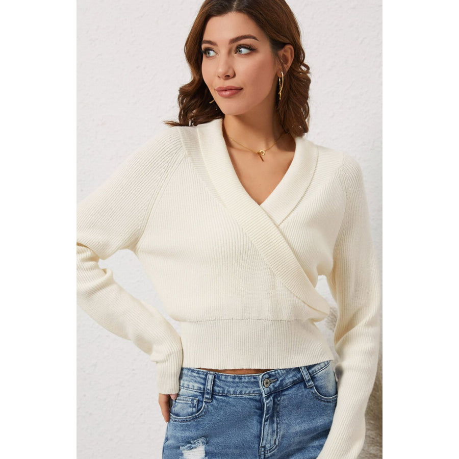 Ribbed Surplice Long Sleeve Sweater Apparel and Accessories