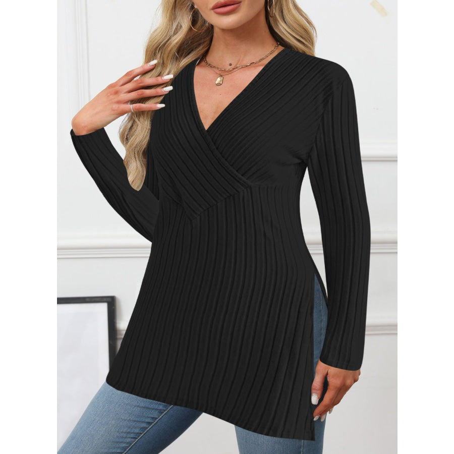 Ribbed Surplice Long Sleeve T-Shirt Apparel and Accessories