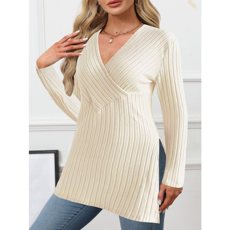 Ribbed Surplice Long Sleeve T-Shirt Beige / S Apparel and Accessories