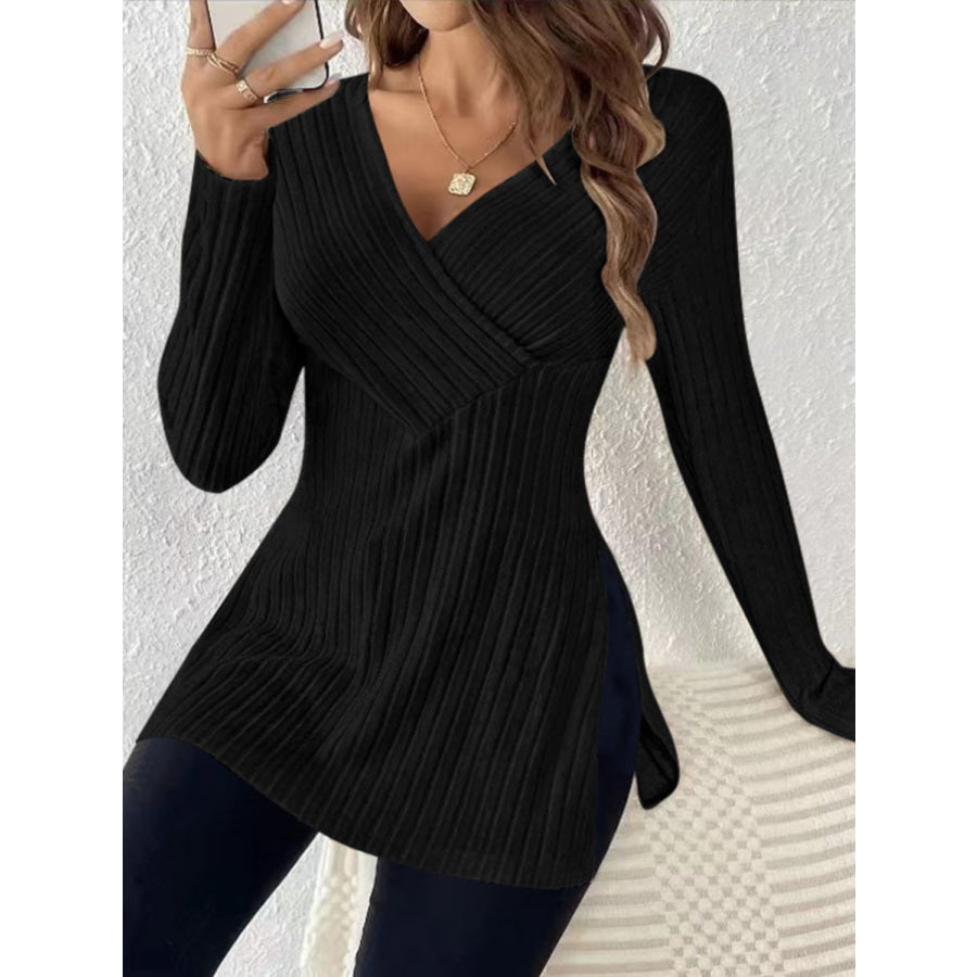 Ribbed Surplice Long Sleeve T-Shirt Black / S Apparel and Accessories