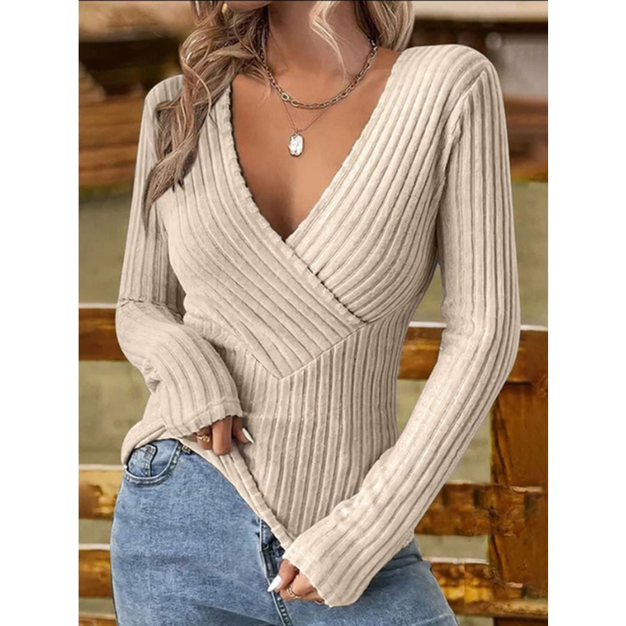 Ribbed Surplice Long Sleeve T-Shirt Dust Storm / S Apparel and Accessories