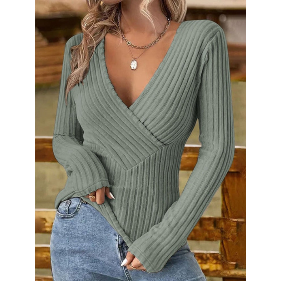 Ribbed Surplice Long Sleeve T-Shirt Sage / S Apparel and Accessories