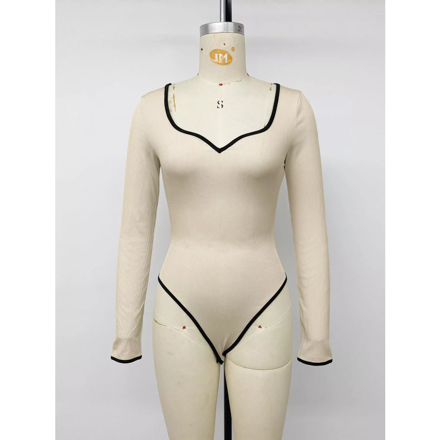 Ribbed Sweetheart Neckline Contrast Trim Long Sleeve Bodysuit Apparel and Accessories