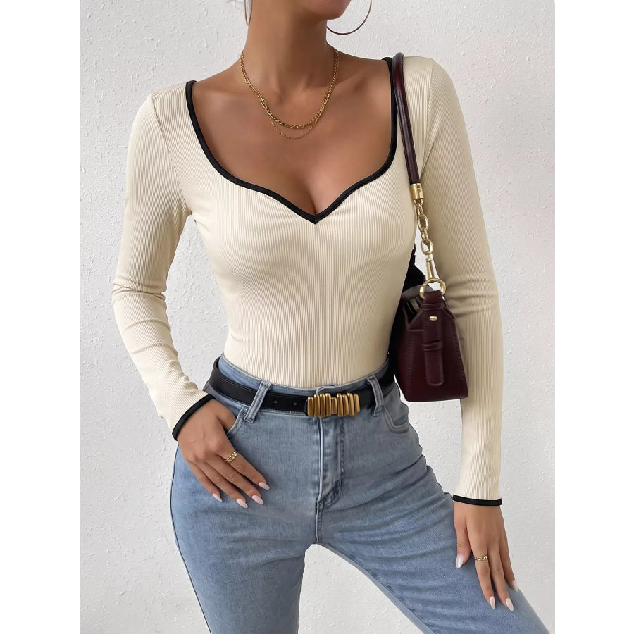 Ribbed Sweetheart Neckline Contrast Trim Long Sleeve Bodysuit Apparel and Accessories