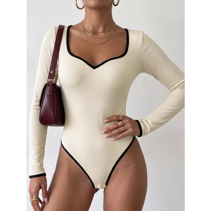 Ribbed Sweetheart Neckline Contrast Trim Long Sleeve Bodysuit Apparel and Accessories