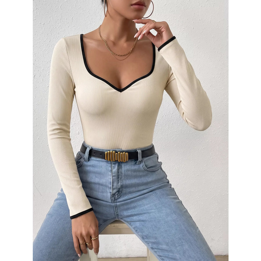 Ribbed Sweetheart Neckline Contrast Trim Long Sleeve Bodysuit Apparel and Accessories
