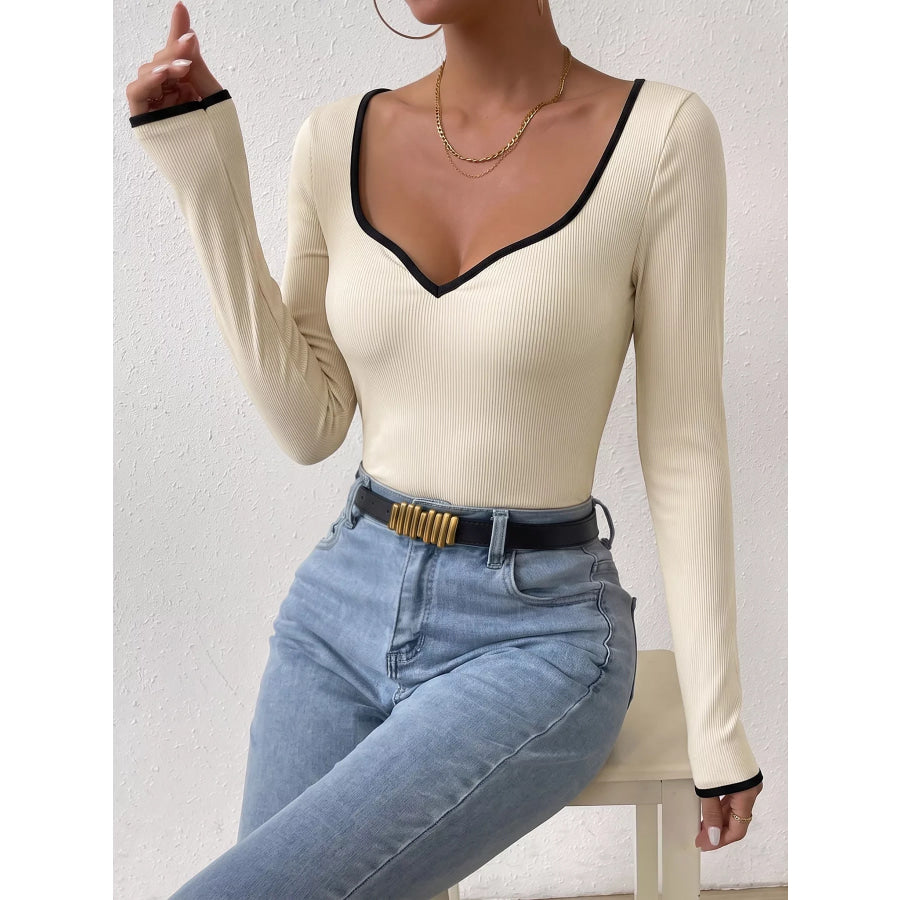 Ribbed Sweetheart Neckline Contrast Trim Long Sleeve Bodysuit Apparel and Accessories