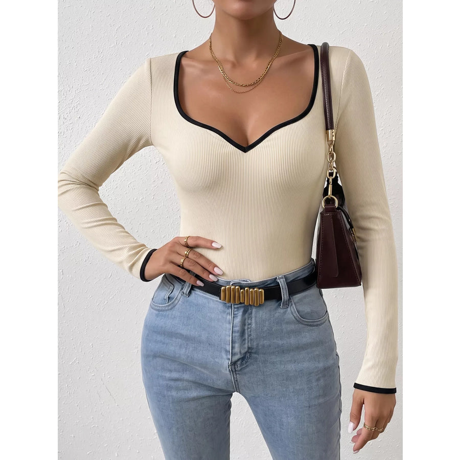 Ribbed Sweetheart Neckline Contrast Trim Long Sleeve Bodysuit Apparel and Accessories