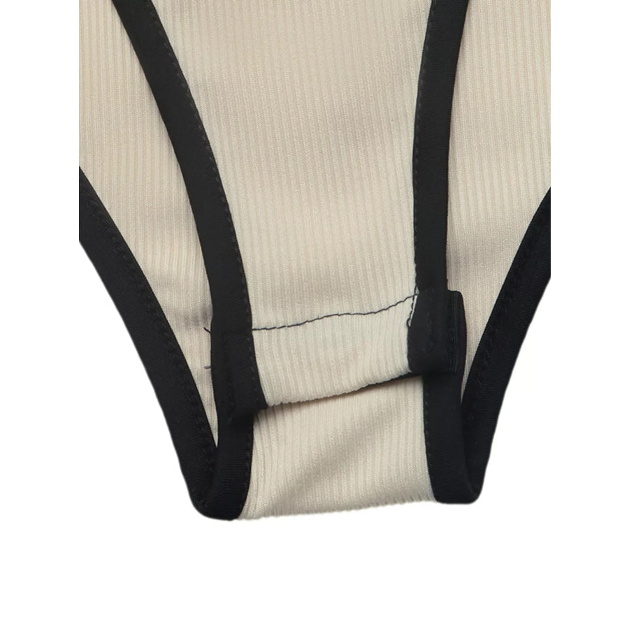 Ribbed Sweetheart Neckline Contrast Trim Long Sleeve Bodysuit Apparel and Accessories