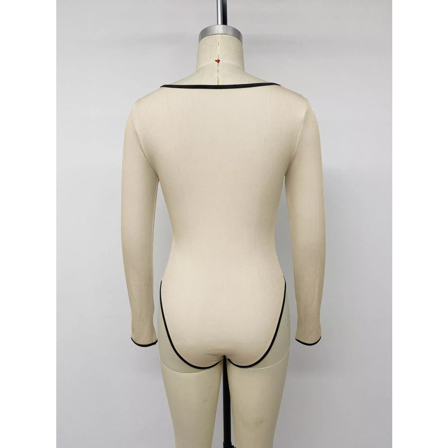 Ribbed Sweetheart Neckline Contrast Trim Long Sleeve Bodysuit Apparel and Accessories