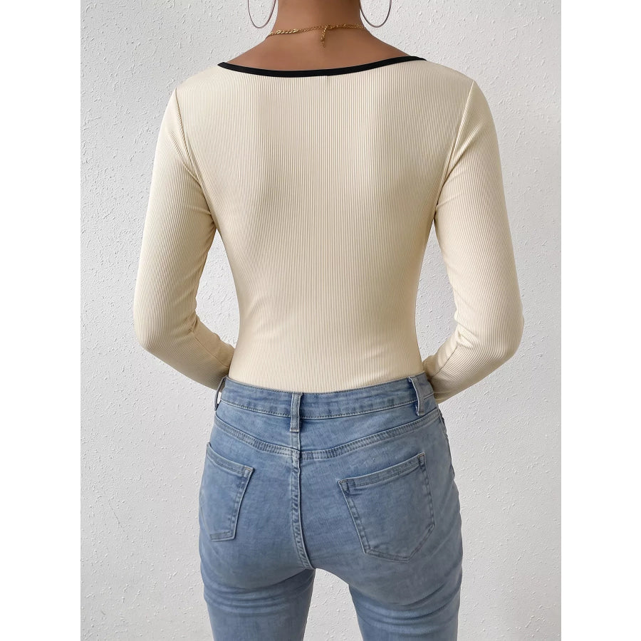 Ribbed Sweetheart Neckline Contrast Trim Long Sleeve Bodysuit Apparel and Accessories
