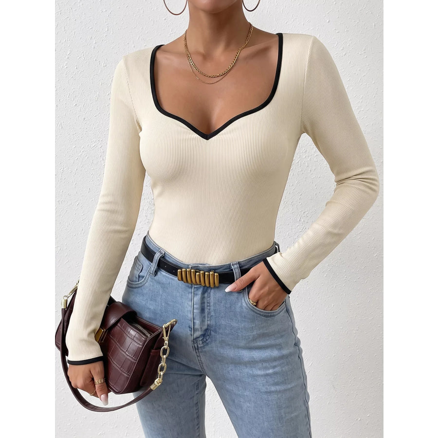 Ribbed Sweetheart Neckline Contrast Trim Long Sleeve Bodysuit Apricot / S Apparel and Accessories