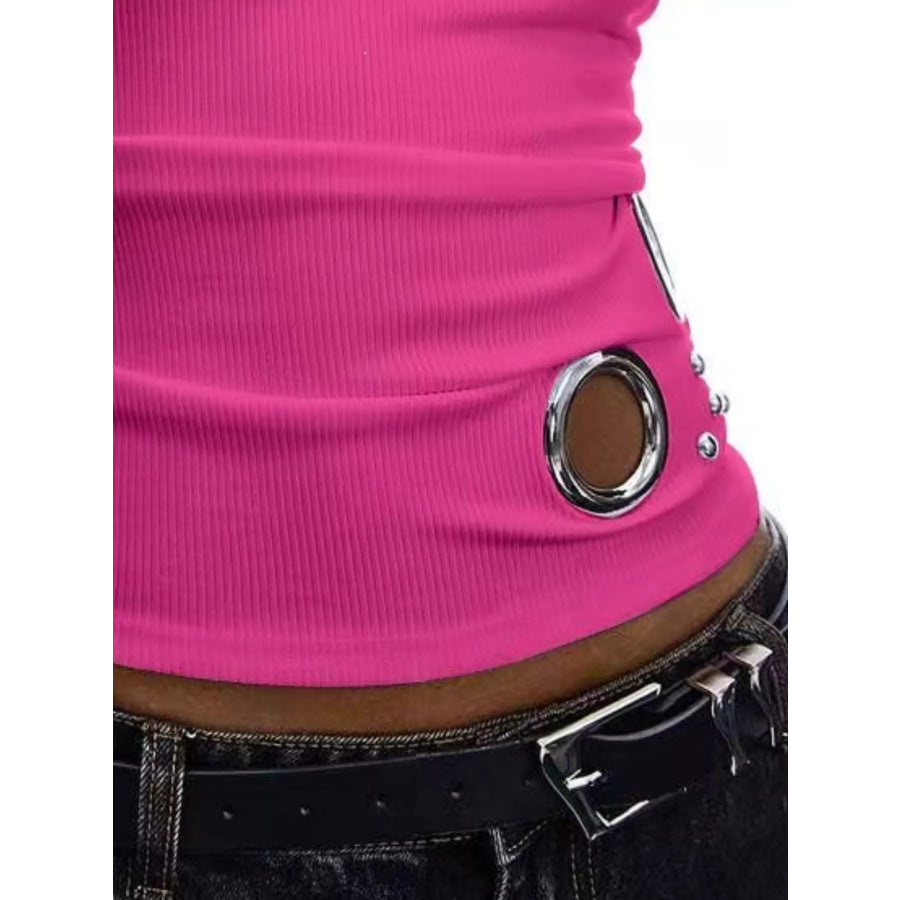 Ribbed Tank Top with Metal Grommet Cutouts and Stud Embellishments Apparel and Accessories
