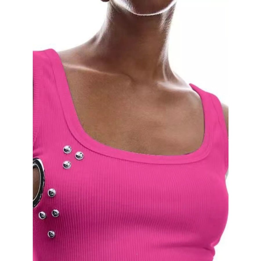 Ribbed Tank Top with Metal Grommet Cutouts and Stud Embellishments Apparel and Accessories