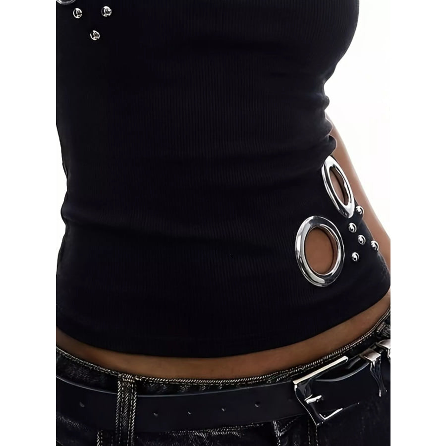 Ribbed Tank Top with Metal Grommet Cutouts and Stud Embellishments Apparel and Accessories