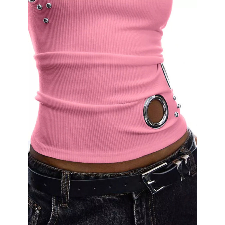 Ribbed Tank Top with Metal Grommet Cutouts and Stud Embellishments Apparel and Accessories