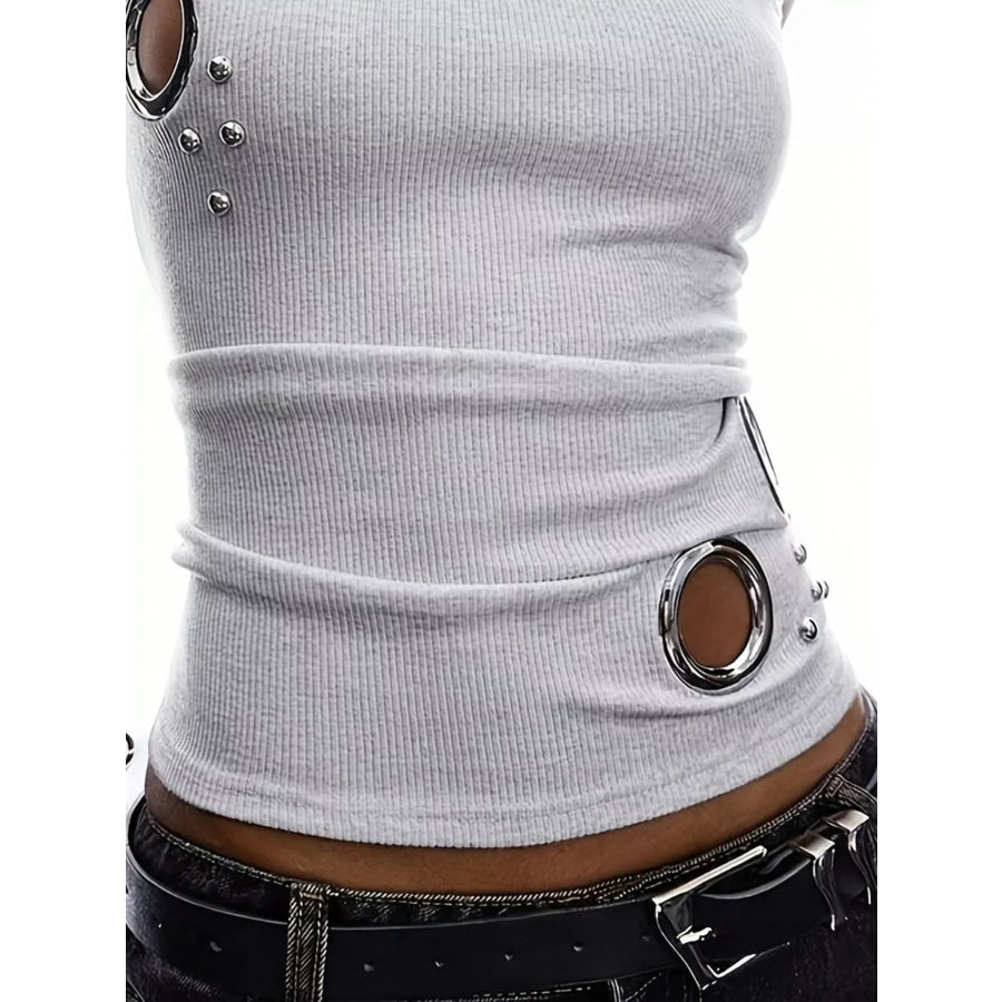Ribbed Tank Top with Metal Grommet Cutouts and Stud Embellishments Apparel and Accessories