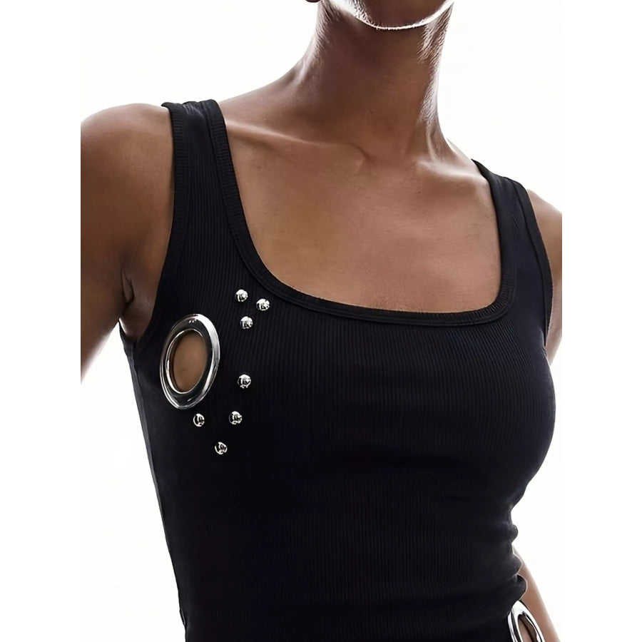 Ribbed Tank Top with Metal Grommet Cutouts and Stud Embellishments Apparel and Accessories