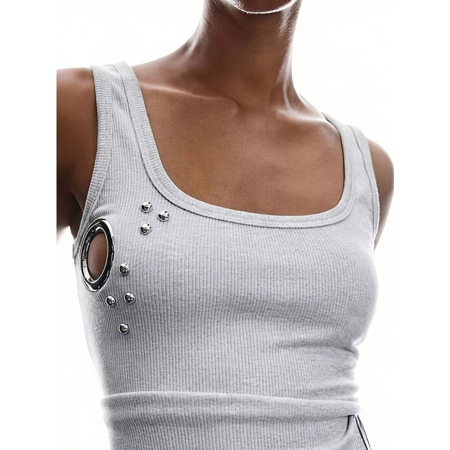 Ribbed Tank Top with Metal Grommet Cutouts and Stud Embellishments Apparel and Accessories