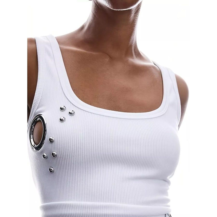 Ribbed Tank Top with Metal Grommet Cutouts and Stud Embellishments Apparel and Accessories