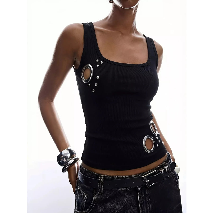 Ribbed Tank Top with Metal Grommet Cutouts and Stud Embellishments Black / S Apparel and Accessories