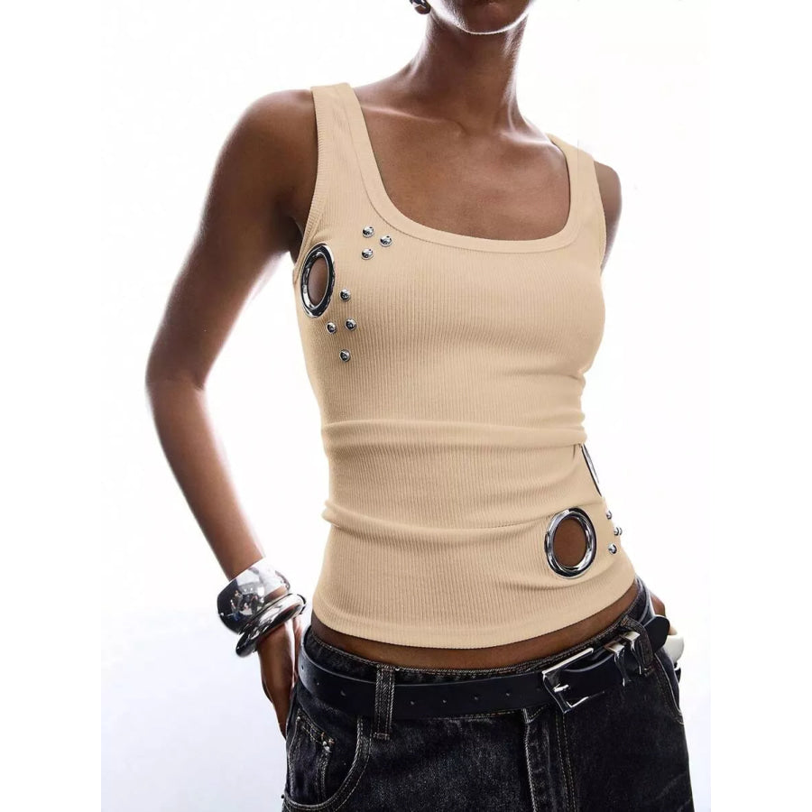 Ribbed Tank Top with Metal Grommet Cutouts and Stud Embellishments Champagne / S Apparel and Accessories