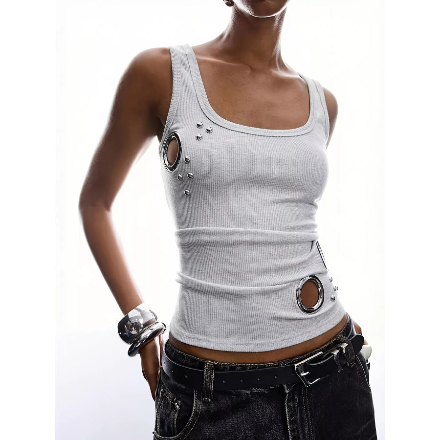 Ribbed Tank Top with Metal Grommet Cutouts and Stud Embellishments Grandma Gray / S Apparel and Accessories