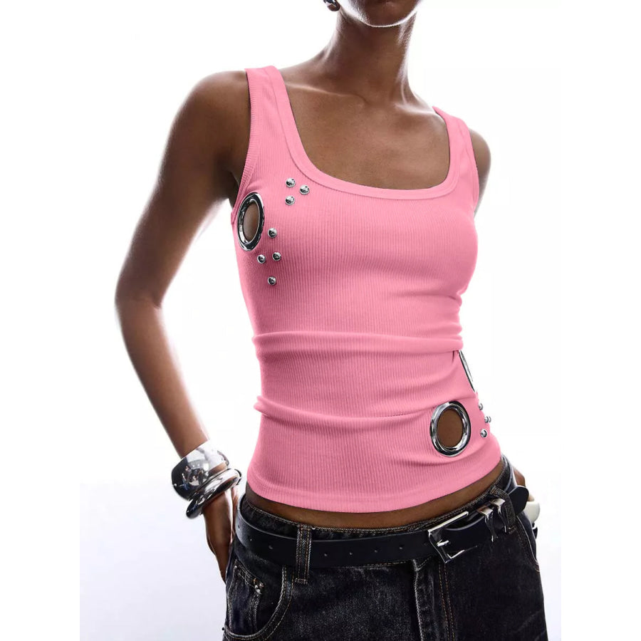 Ribbed Tank Top with Metal Grommet Cutouts and Stud Embellishments Pink / S Apparel and Accessories