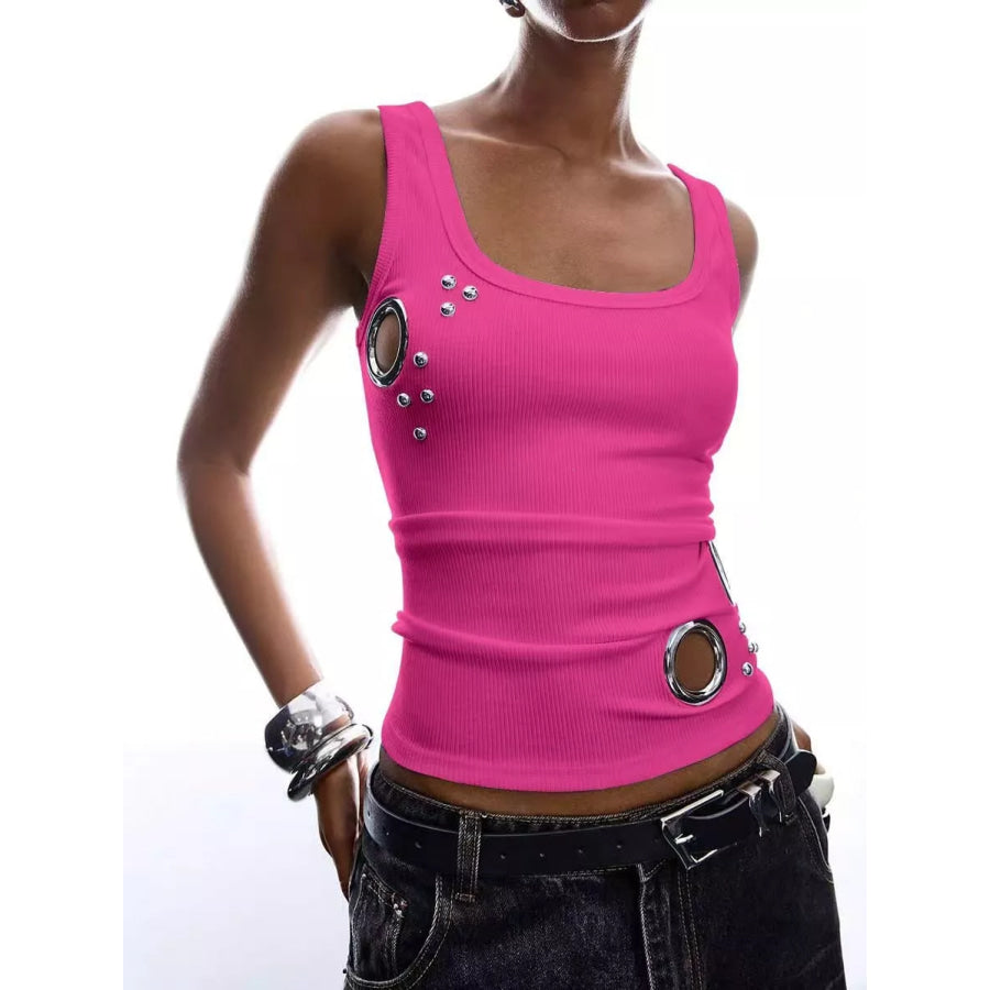 Ribbed Tank Top with Metal Grommet Cutouts and Stud Embellishments Rose Red / S Apparel and Accessories