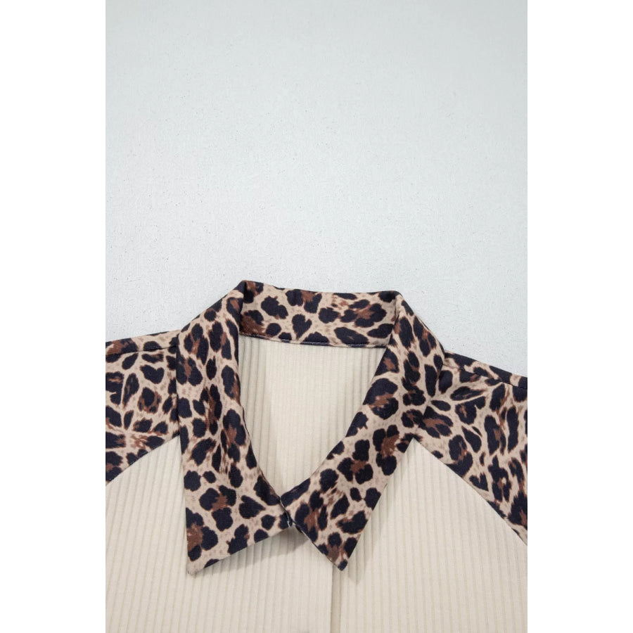 Ribbed Texture Button Down Leopard Patchwork Short Sleeve Shirt