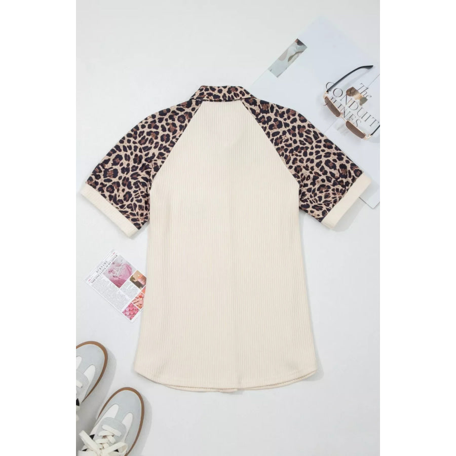 Ribbed Texture Button Down Leopard Patchwork Short Sleeve Shirt