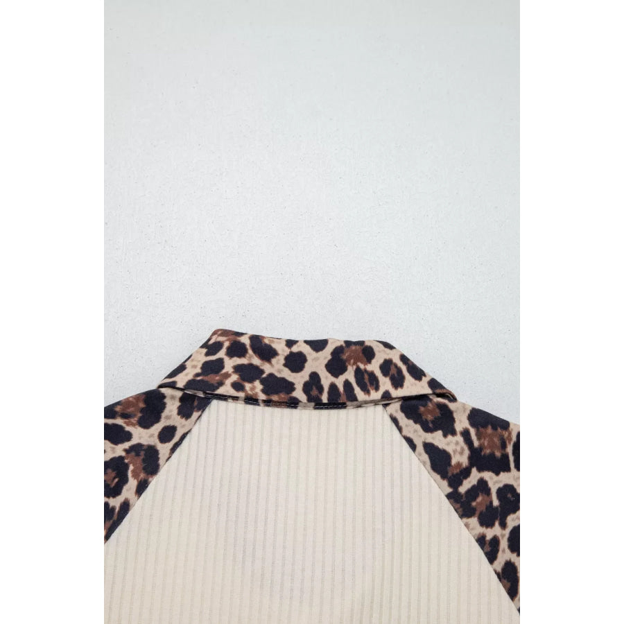 Ribbed Texture Button Down Leopard Patchwork Short Sleeve Shirt