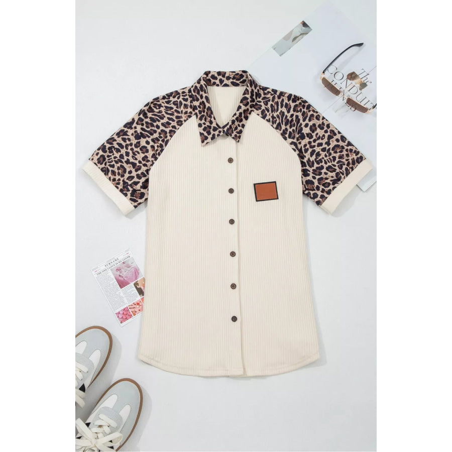 Ribbed Texture Button Down Leopard Patchwork Short Sleeve Shirt