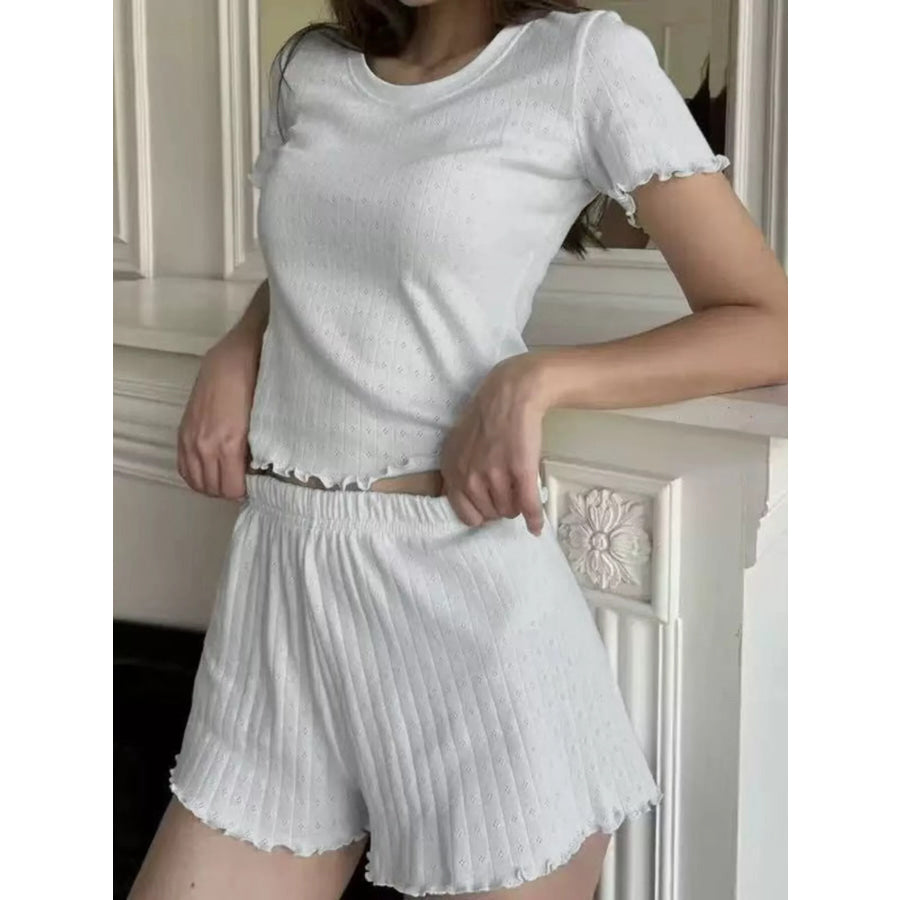 Ribbed Texture Top and Shorts Lounge Set with Lettuce Edge Trim Grey / S Apparel Accessories