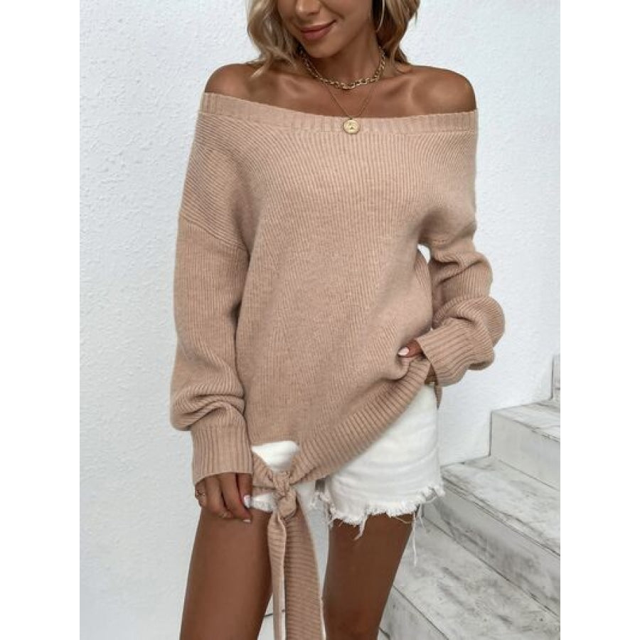 Ribbed Tied Off-Shoulder Sweater Pale Blush / S Clothing