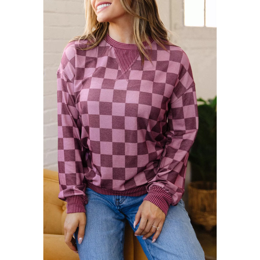 Ribbed Trim Checkered Print Long Sleeve Pullover Top Apparel and Accessories