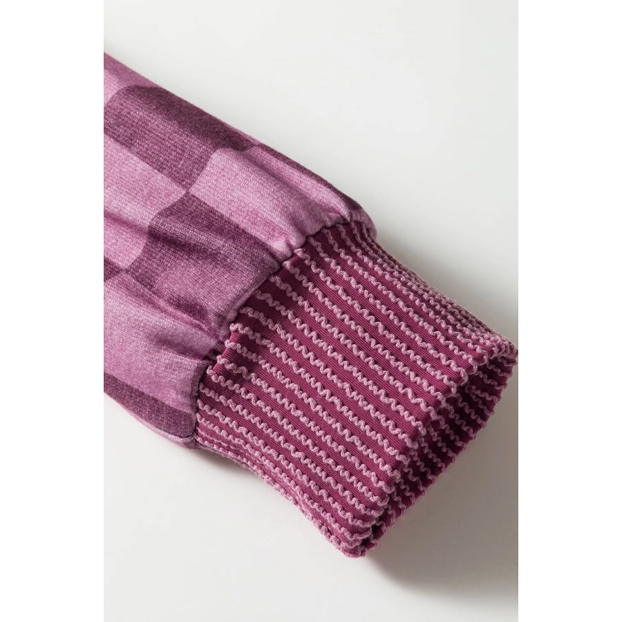 Ribbed Trim Checkered Print Long Sleeve Pullover Top Apparel and Accessories