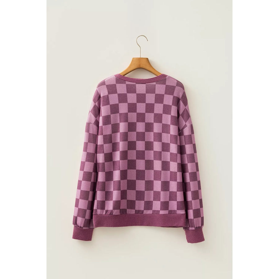 Ribbed Trim Checkered Print Long Sleeve Pullover Top Apparel and Accessories