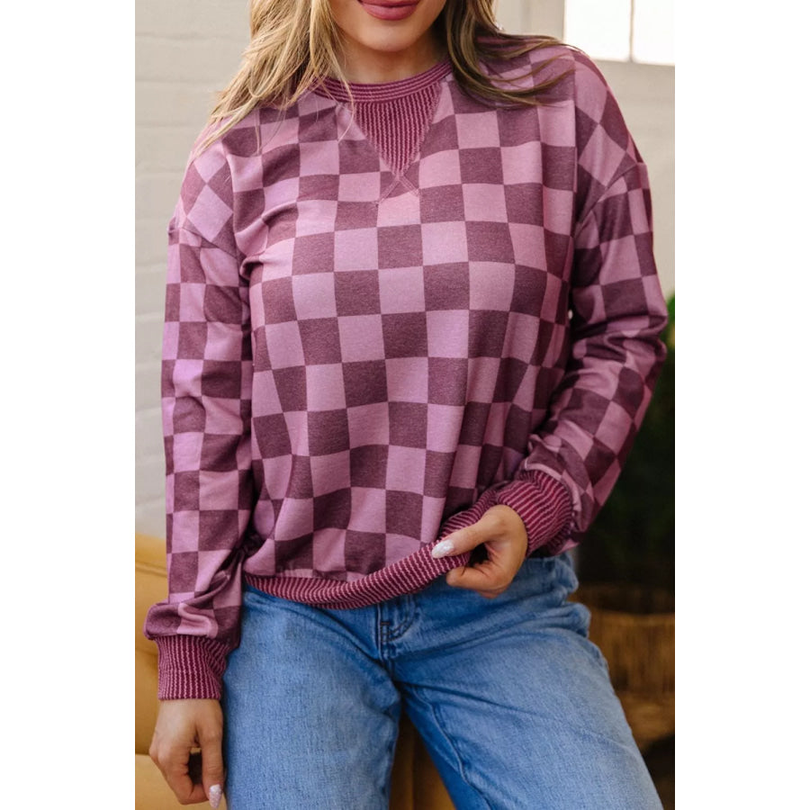 Ribbed Trim Checkered Print Long Sleeve Pullover Top Apparel and Accessories