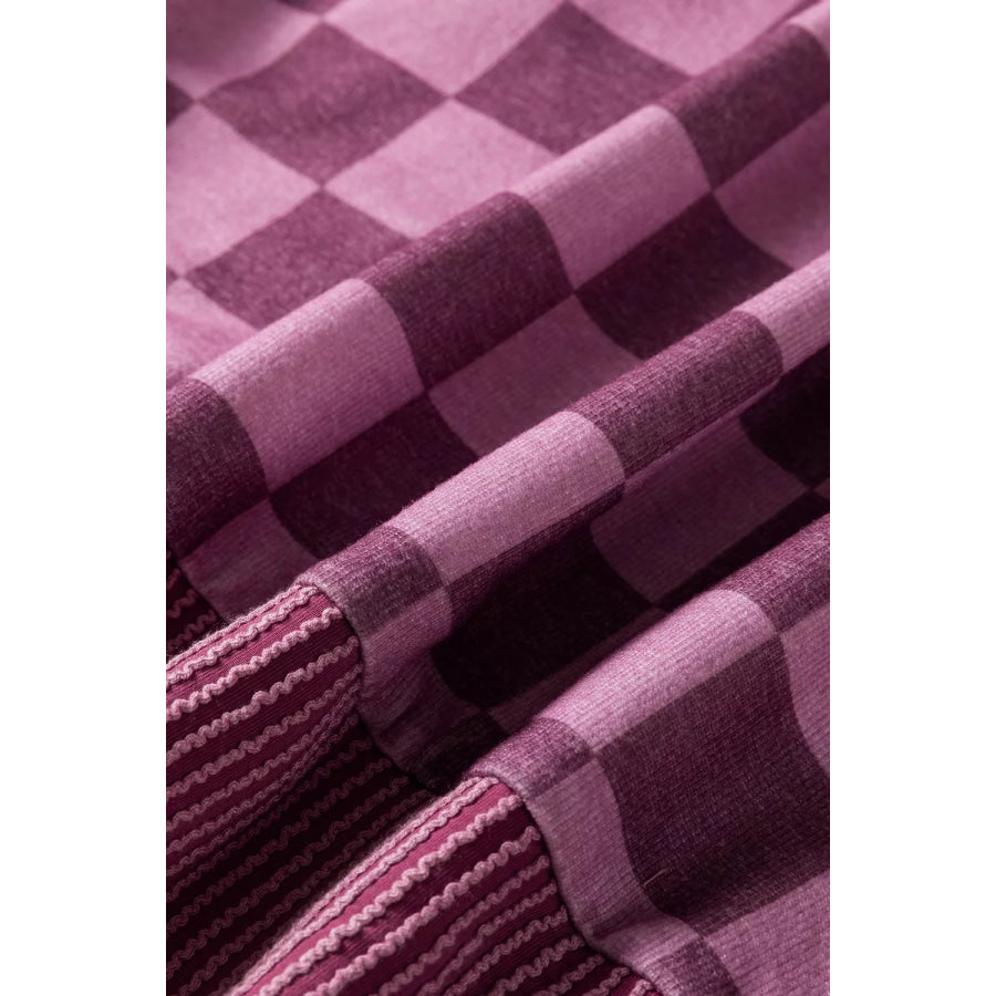 Ribbed Trim Checkered Print Long Sleeve Pullover Top Apparel and Accessories