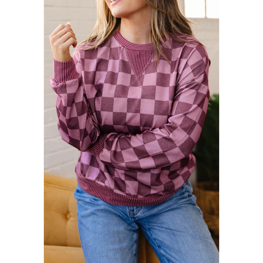 Ribbed Trim Checkered Print Long Sleeve Pullover Top Apparel and Accessories