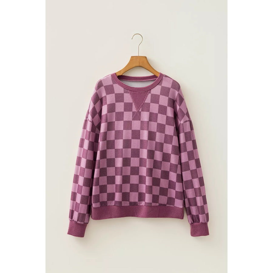Ribbed Trim Checkered Print Long Sleeve Pullover Top Apparel and Accessories