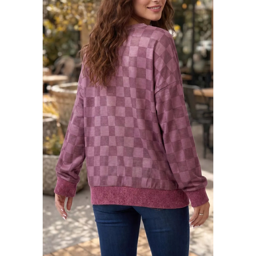 Ribbed Trim Checkered Print Long Sleeve Pullover Top Apparel and Accessories